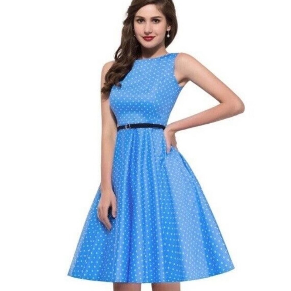 Grace Karin Polka Dot Dress Fit and Flare Retro Style Blue White Party Large